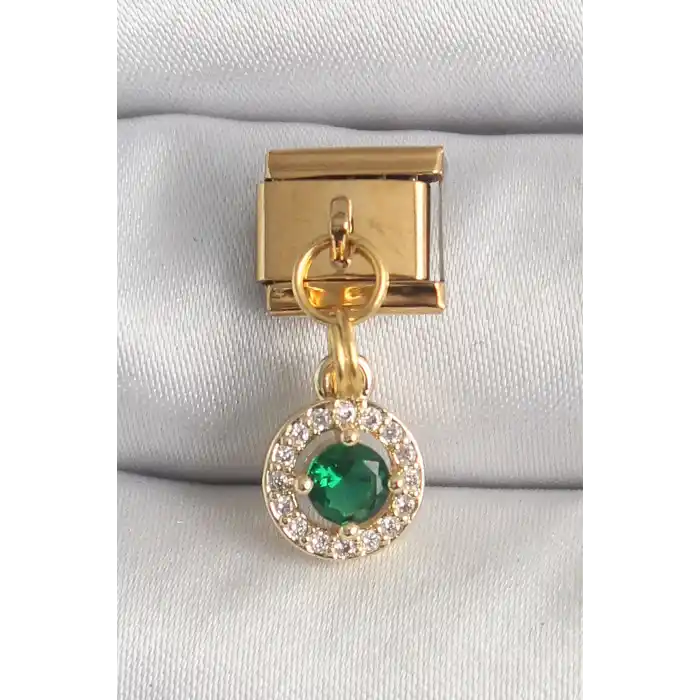 316L Çelik Gold Renk Sallantı Yeşil Zirkon Taşlı Nomination Charm