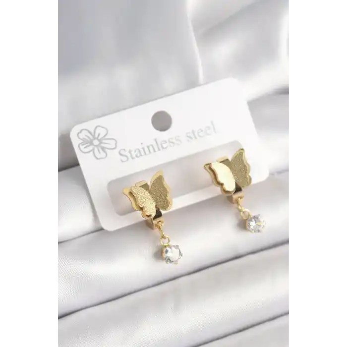 316L Çelik Gold Renk Sallantı Zirkon Taş Detaylı Simli Kelebek Model Kadın Küpe