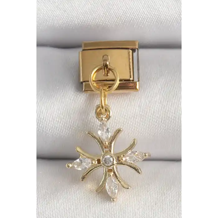316L Çelik Gold Renk Sallantı Zirkon Taşlı Kar Tanesi Model Nomination Charm