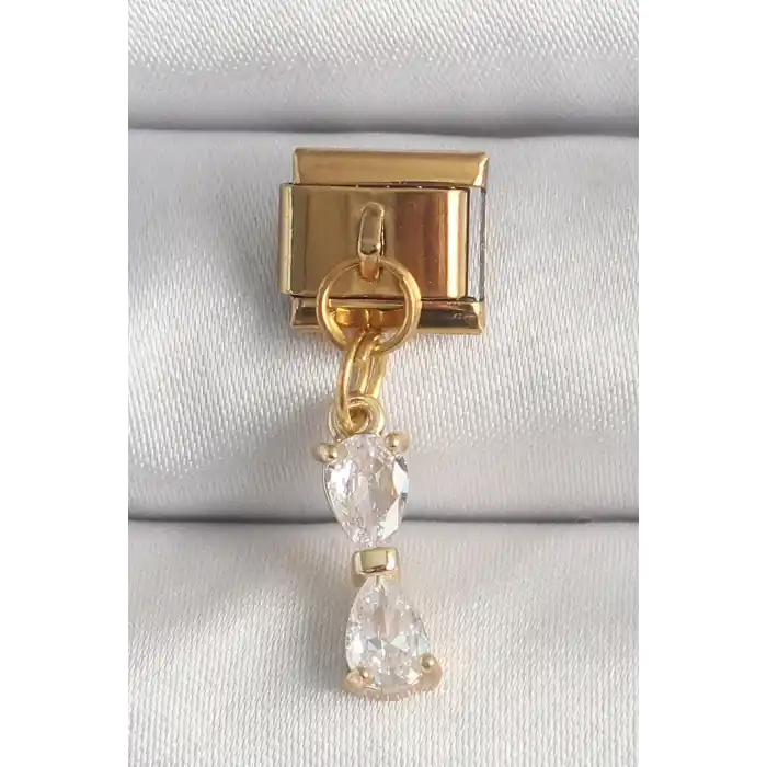 316L Çelik Gold Renk Sallantı Zirkon Taşlı Kurdele Model Nomination Charm