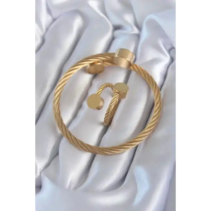 316L Çelik Gold Renk Sarmal Model Erkek Bileklik Yüzük Kombini