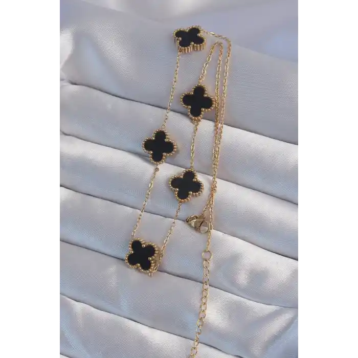 316L Çelik Gold Renk Siyah Mineli Yonca Kolye