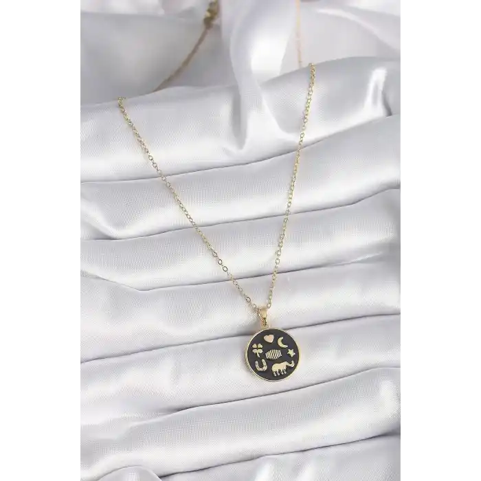 316L Çelik Gold Renk Siyah Şans Kolyesi