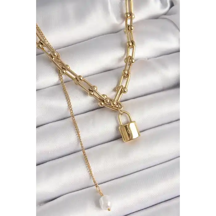 316L Çelik Gold Renk Tifany Zincir Model Kilit Figür Sallantı İnci Detay Kadın Kolye