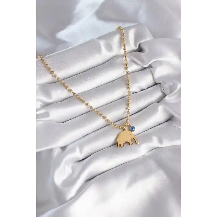316L Çelik Gold Renk Top Zincir Model Fil Figür Nazar Boncuk Detay Kadın Kolye