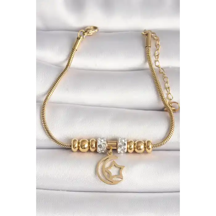 316L Çelik Gold Renk Tüp Zincir Zirkon Taş Detaylı Sallantı Ay Yıldız Figür Kadın Bileklik