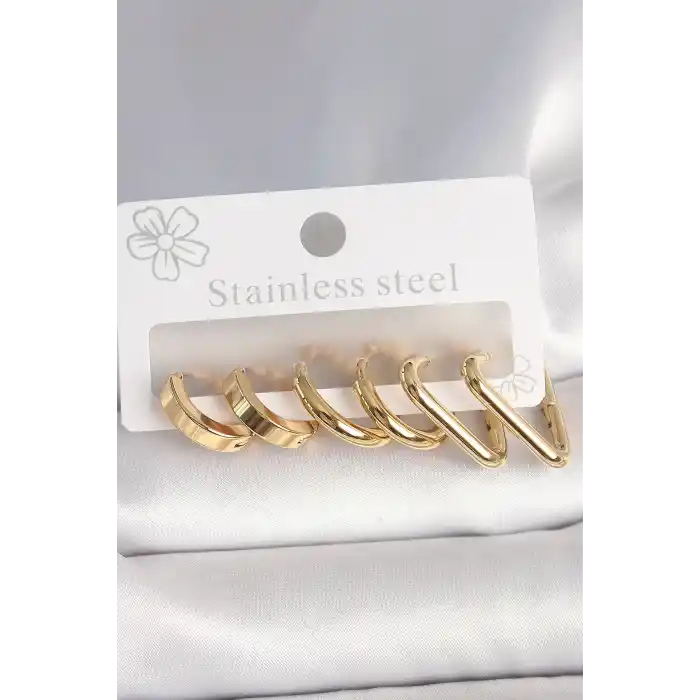 316L Çelik Gold Renk Üçgen Halka Model Kadın Küpe Seti