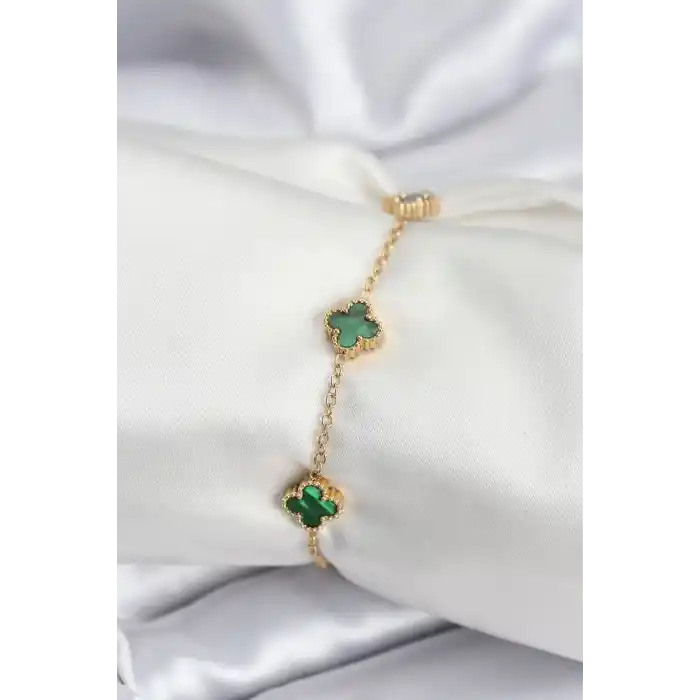 316L Çelik Gold Renk Yeşil Baby Boy Yonca Kadın Bileklik