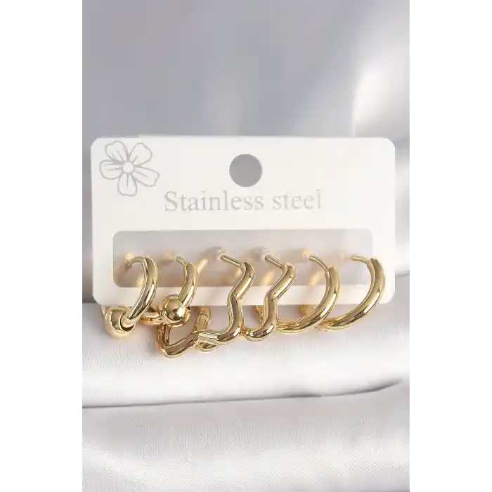 316L Çelik Gold Renk Yıldız Halka Model Kadın Küpe Seti