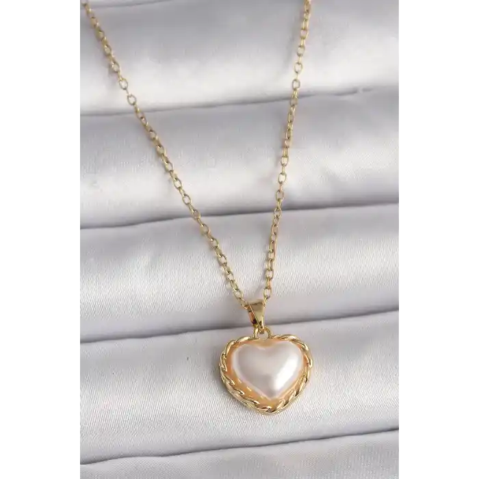 316L Çelik Gold Renk Zincir 3D İnci Kalp Model Kadın Kolye