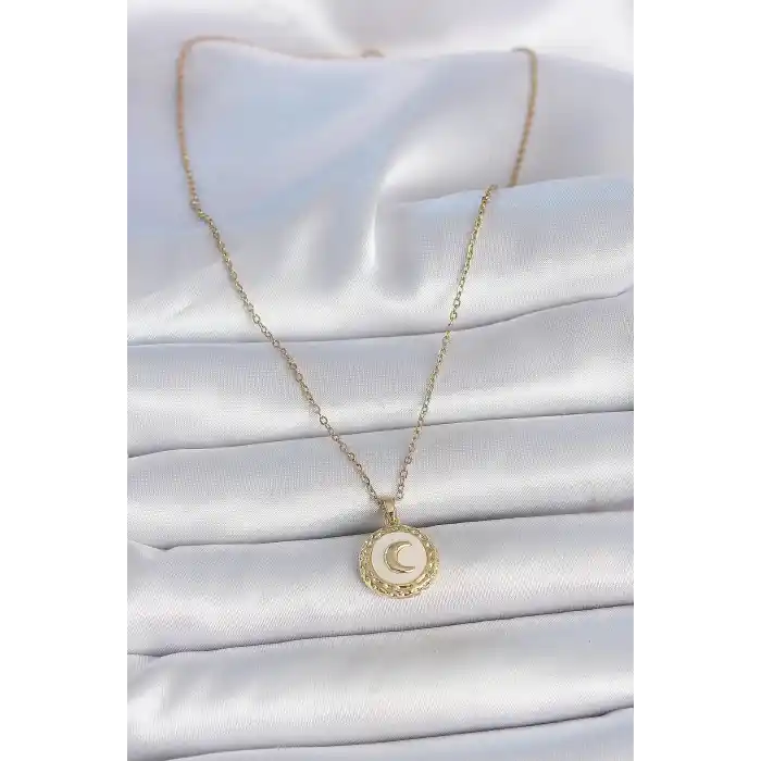 316L Çelik Gold Renk Zincir Beyaz Mineli Hilal İşlemeli Madalyon Model Kadın Kolye