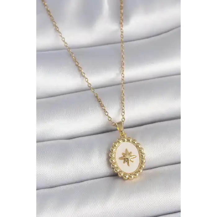316L Çelik Gold Renk Zincir Beyaz Mineli Kutup Yıldız İşlemeli Madalyon Model Kadın Kolye