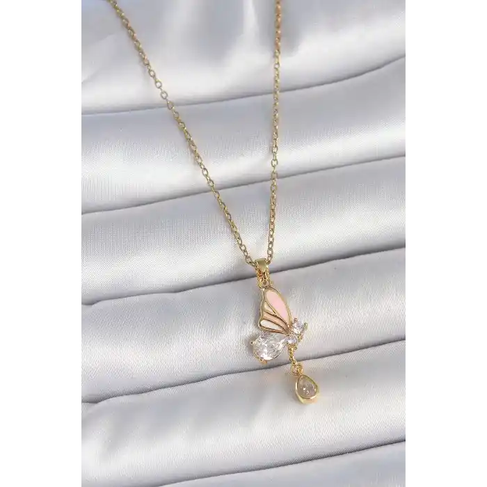 316L Çelik Gold Renk Zincir Damla Zirkon Taşlı Kelebek Model Sallantı Detay Kadın Kolye