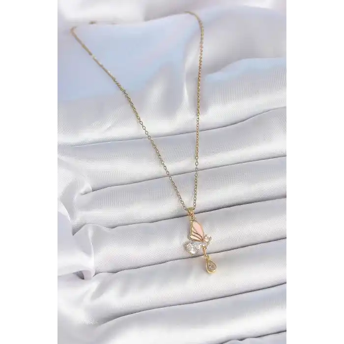 316L Çelik Gold Renk Zincir Damla Zirkon Taşlı Kelebek Model Sallantı Detay Kadın Kolye