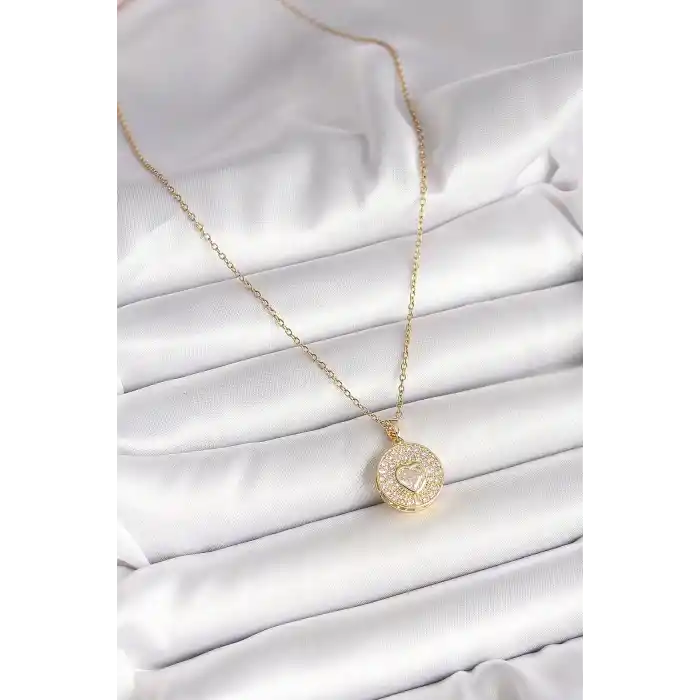 316L Çelik Gold Renk Zincir Madalyon Zirkon Taşlı Kalp Model Kadın Kolye