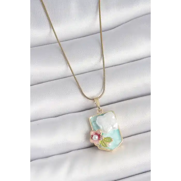 316L Çelik Gold Renk Zincir Mavi Mineli İncili Çiçek İşlemeli Portre Model Kadın Kolye