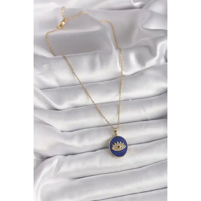 316L Çelik Gold Renk Zincir Mavi Mineli Zirkon Taşlı Göz İşleme Kadın Kolye