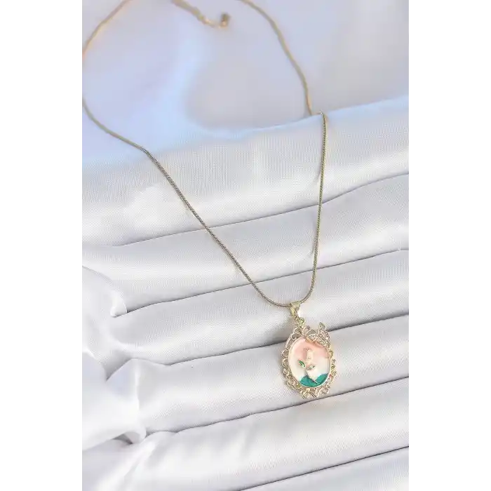 316L Çelik Gold Renk Zincir Mix Renk Çiçek İşlemeli Zirkon Taş Detaylı Portre Model Kadın Kolye
