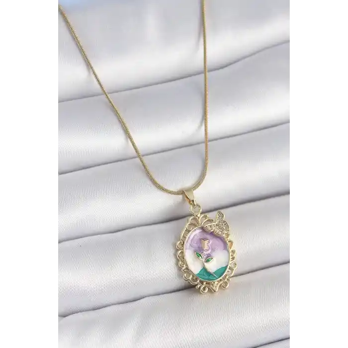 316L Çelik Gold Renk Zincir Mix Renk Mineli Çiçek İşlemeli Zirkon Taş Detaylı Portre Model Kadın Kolye