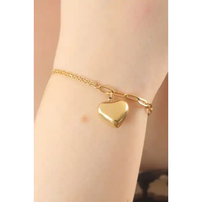316L Çelik Gold Renk Zincir Model Kalp Figür Kadın Bileklik