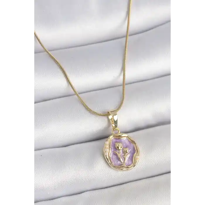 316L Çelik Gold Renk Zincir Mor Mineli Çiçek İşlemeli Portre Model Kadın Kolye