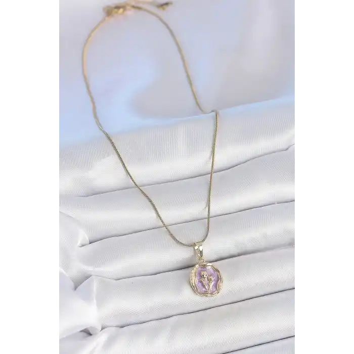 316L Çelik Gold Renk Zincir Mor Mineli Çiçek İşlemeli Portre Model Kadın Kolye