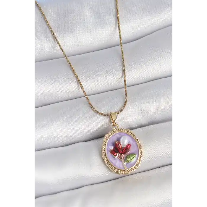 316L Çelik Gold Renk Zincir Mor Mineli İncili Çiçek İşlemeli Portre Model Kadın Kolye