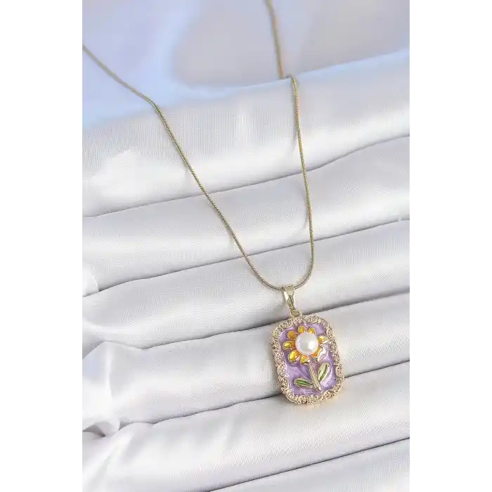 316L Çelik Gold Renk Zincir Mor Mineli İncili Papatya İşlemeli Portre Model Kadın Kolye