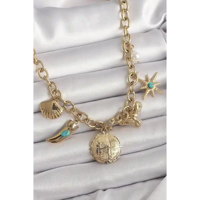 316L Çelik Gold Renk Zincir Sallantılı Çoklu Figür Model Kadın Kolye