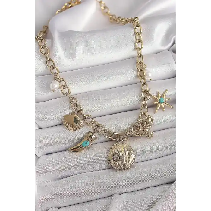 316L Çelik Gold Renk Zincir Sallantılı Çoklu Figür Model Kadın Kolye