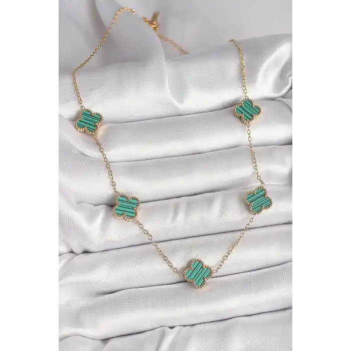 316L Çelik Gold Renk Zincir Yeşil Yonca Model Kadın Kolye