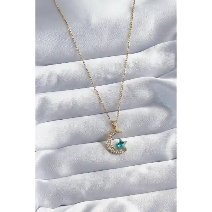 316L Çelik Gold Renk Zincir Zirkon Taş Detay Hilal Yıldızı Figür Kadın Kolye