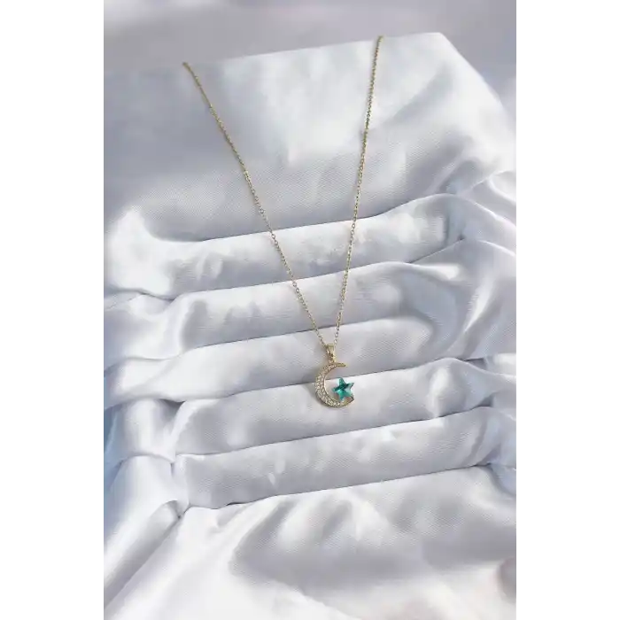 316L Çelik Gold Renk Zincir Zirkon Taş Detay Hilal Yıldızı Figür Kadın Kolye