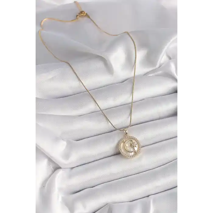 316L Çelik Gold Renk Zincir Zirkon Taş Detaylı Beyaz Sedefli Ay Yıldız Model Kadın Kolye