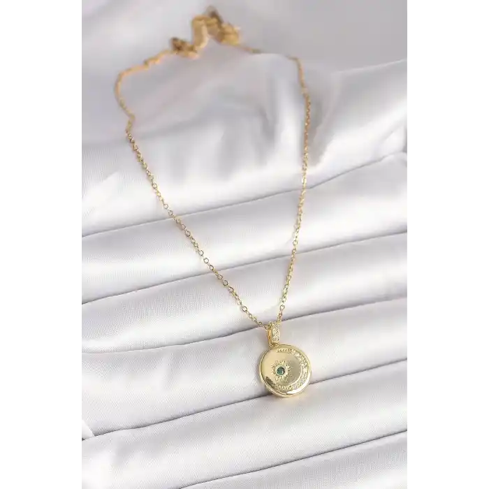 316L Çelik Gold Renk Zincir Zirkon Taş İşlemeli Hilal Yıldız İşlemeli Madalyon Model Kadın Kolye
