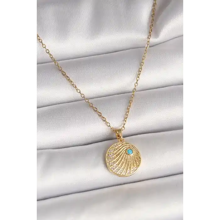 316L Çelik Gold Renk Zincir Zirkon Taş İşlemeli Mavi Taş Detaylı Madalyon Model Kadın Kolye