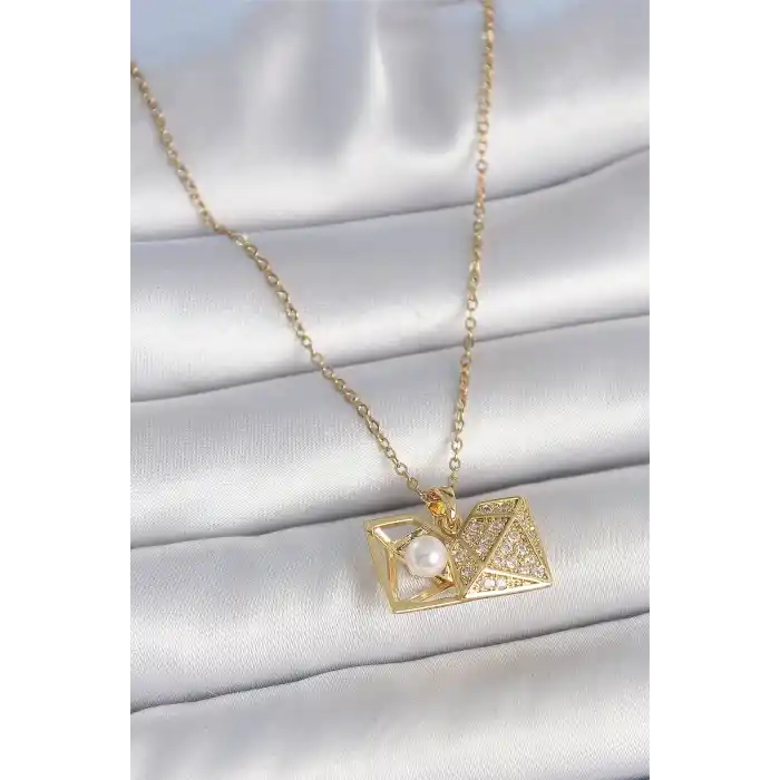 316L Çelik Gold Renk Zincir Zirkon Taşlı Açılır İncili Elmas Model Kadın Kolye