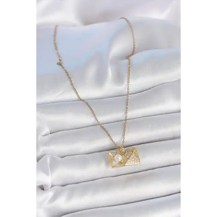 316L Çelik Gold Renk Zincir Zirkon Taşlı Açılır İncili Elmas Model Kadın Kolye