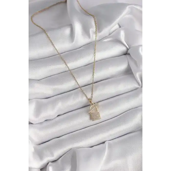 316L Çelik Gold Renk Zincir Zirkon Taşlı Asma Kilit Anahtar Model Kadın Kolye