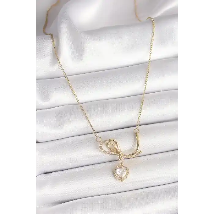 316L Çelik Gold Renk Zincir Zirkon Taşlı Düğüm Sallantı Kalp Model Kadın Kolye