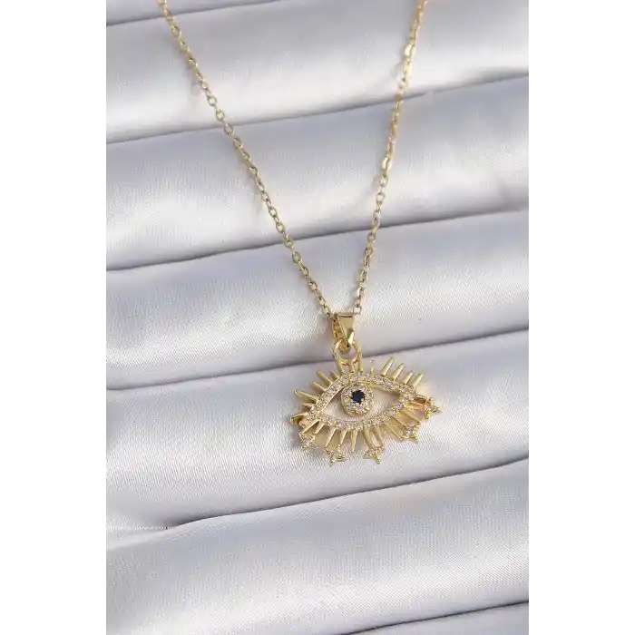 316L Çelik Gold Renk Zincir Zirkon Taşlı Göz Figür Kadın Kolye