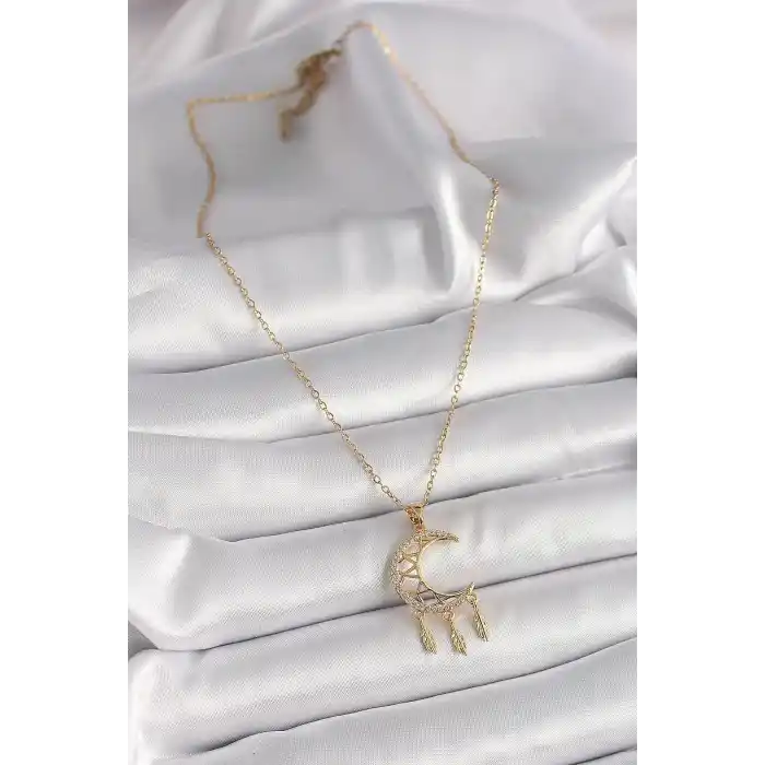 316L Çelik Gold Renk Zincir Zirkon Taşlı Hilal Model Sallantı Yaprak Detay Kadın Kolye