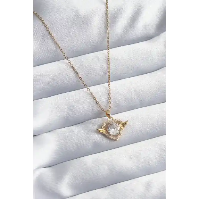 316L Çelik Gold Renk Zincir Zirkon Taşlı Kalp Model Kadın Kolye