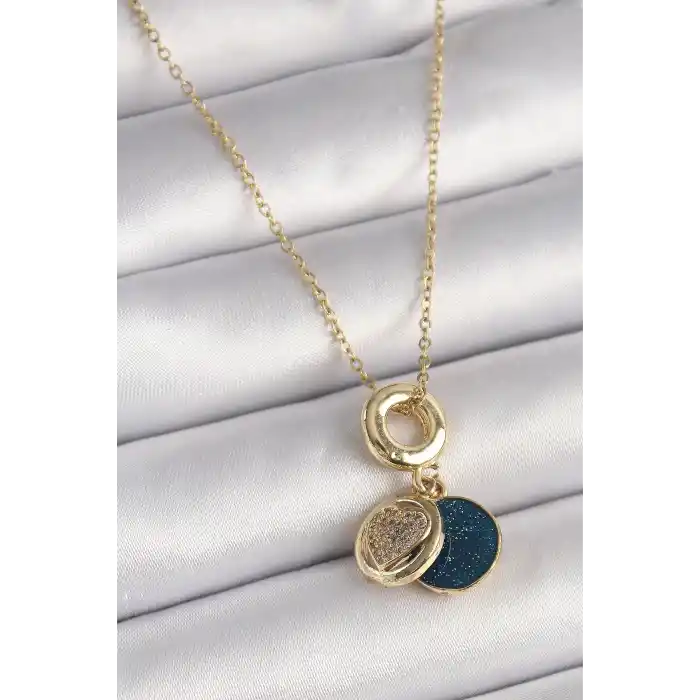 316L Çelik Gold Renk Zincir Zirkon Taşlı Kalp Model Mavi Simli Kadın Kolye