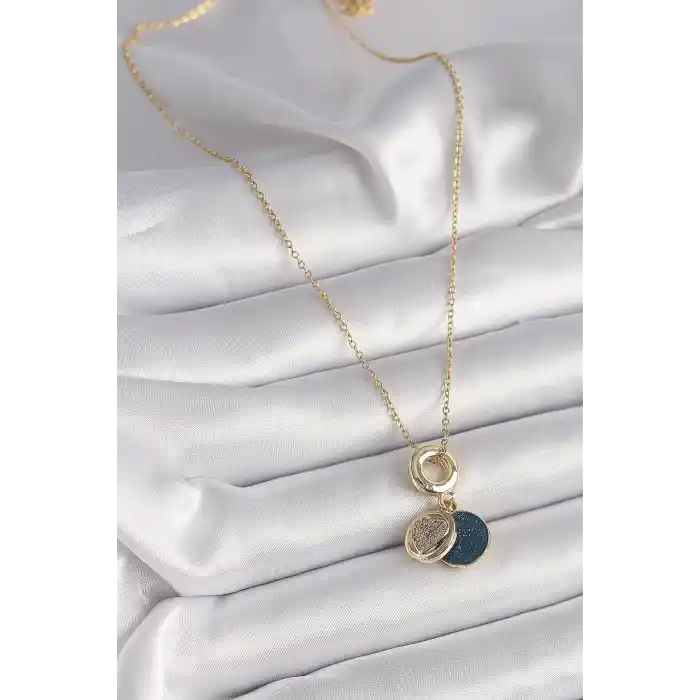 316L Çelik Gold Renk Zincir Zirkon Taşlı Kalp Model Mavi Simli Kadın Kolye