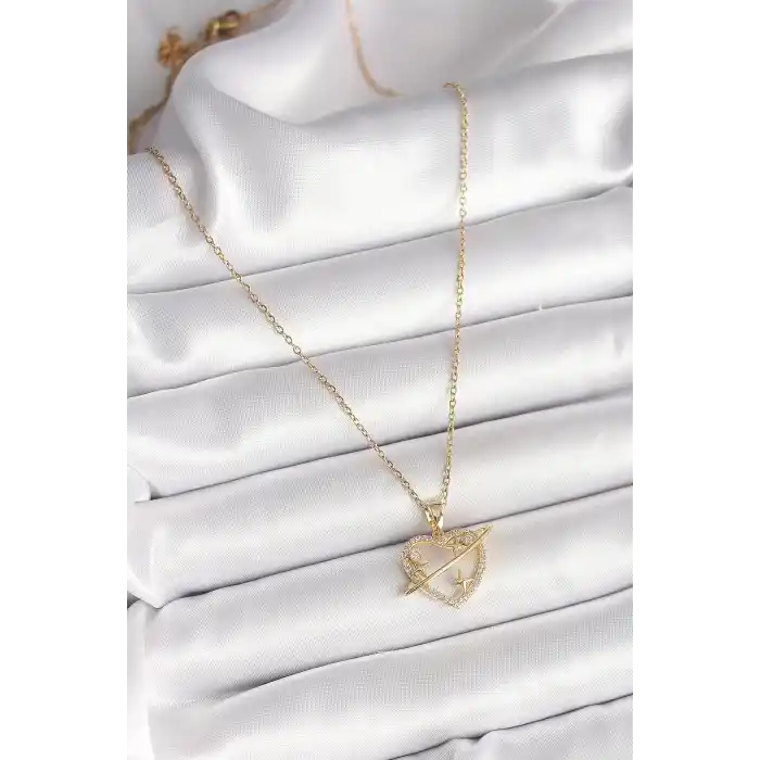 316L Çelik Gold Renk Zincir Zirkon Taşlı Kalp Model Yıldız Detay Kadın Kolye