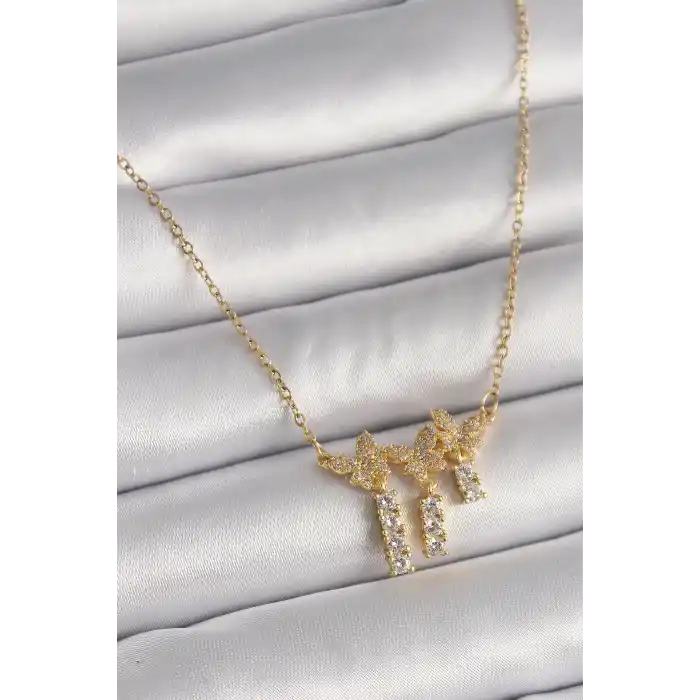 316L Çelik Gold Renk Zincir Zirkon Taşlı Kelebek Model Sallantı Detay Kadın Kolye