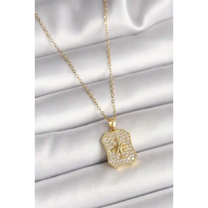 316L Çelik Gold Renk Zincir Zirkon Taşlı Kutup Yıldız İşlemeli Madalyon Model Kadın Kolye
