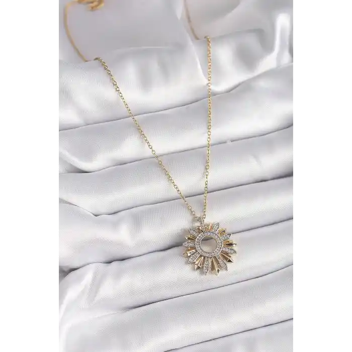 316L Çelik Gold Renk Zincir Zirkon Taşlı Mix Renk Güneş Model Kadın Kolye