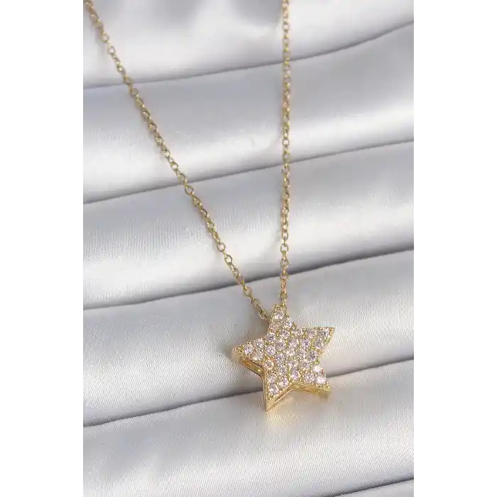 316L Çelik Gold Renk Zincir Zirkon Taşlı Yıldız Model Kadın Kolye
